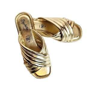 Seychelles Word For Word Gold Metallic Leather Slide Size 6.5 Italian Sandals